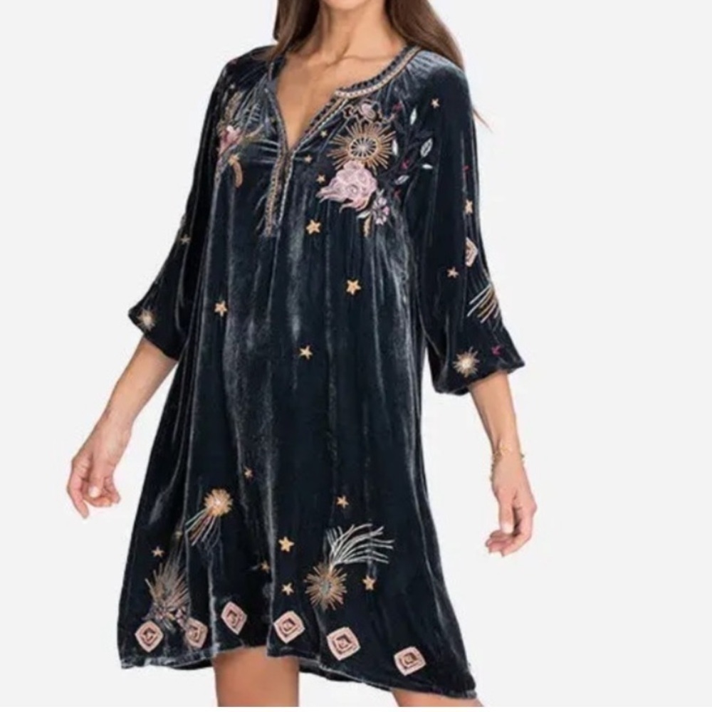 Johnny Was embroidered Selah Celestial Velvet Puff Sleeve Raglan Dress NWT RARE - Picture 3 of 16